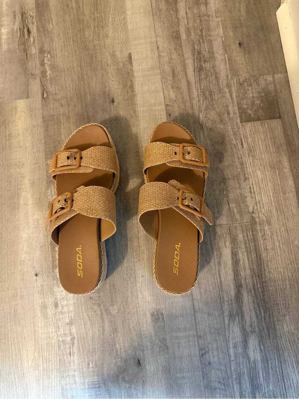 Soda Tan Woven Double-Buckle Slide Sandals